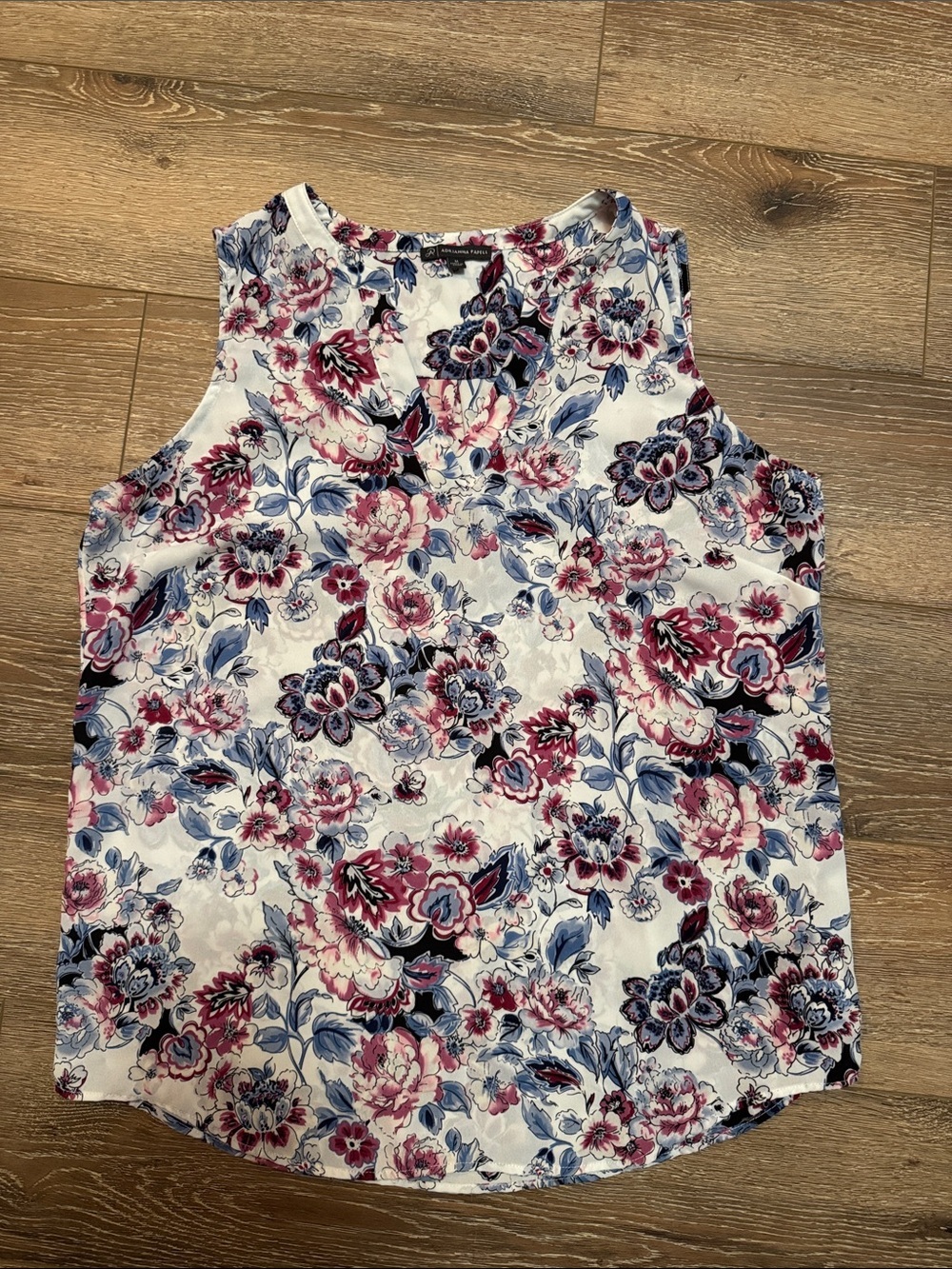 Adrianna Papell White Floral V-Neck Sleeveless Top with Pink & Blue Flowers